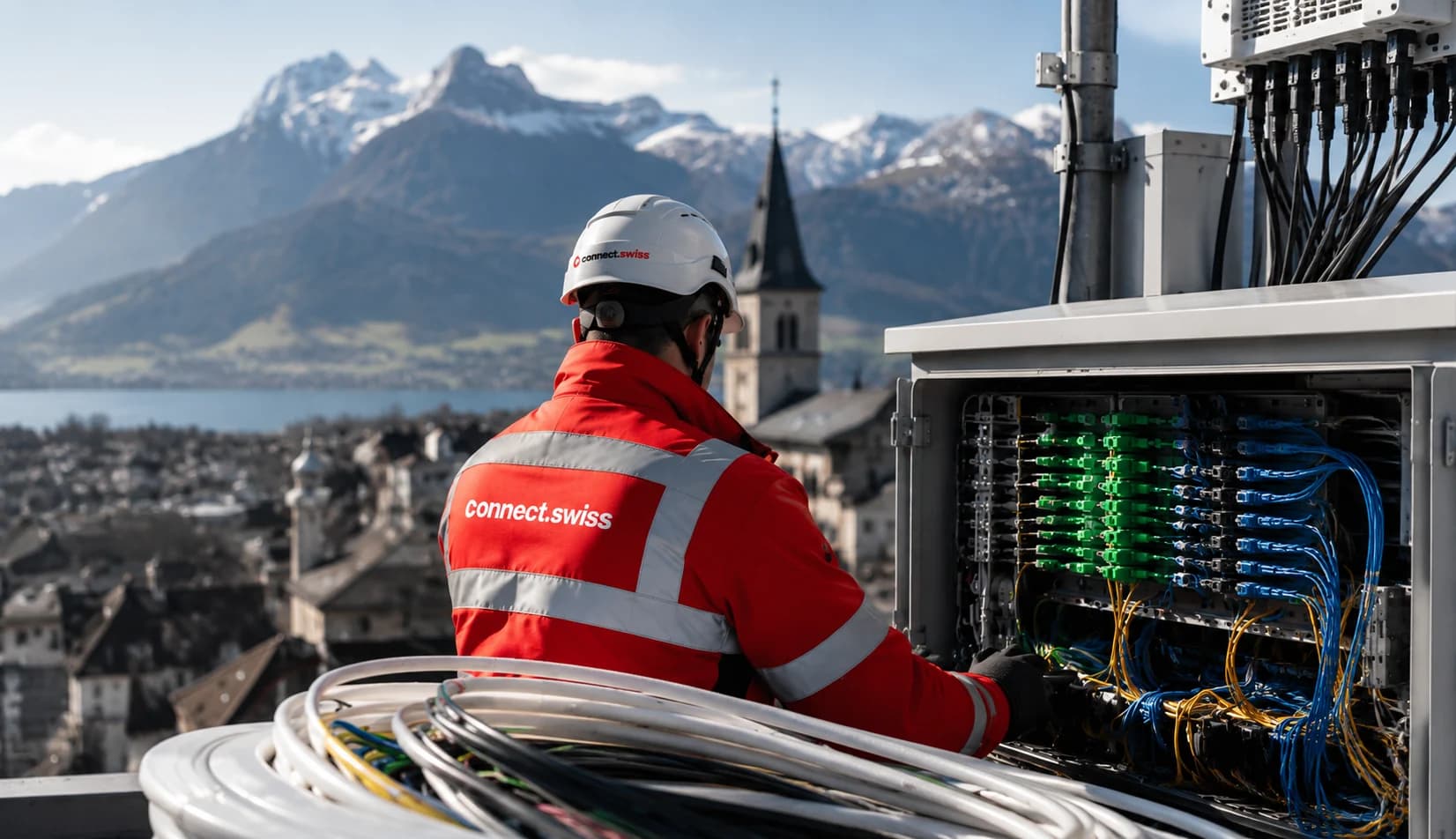 connect.swiss Techniker bei der Glasfaser-Installation an einem Verteilerschrank